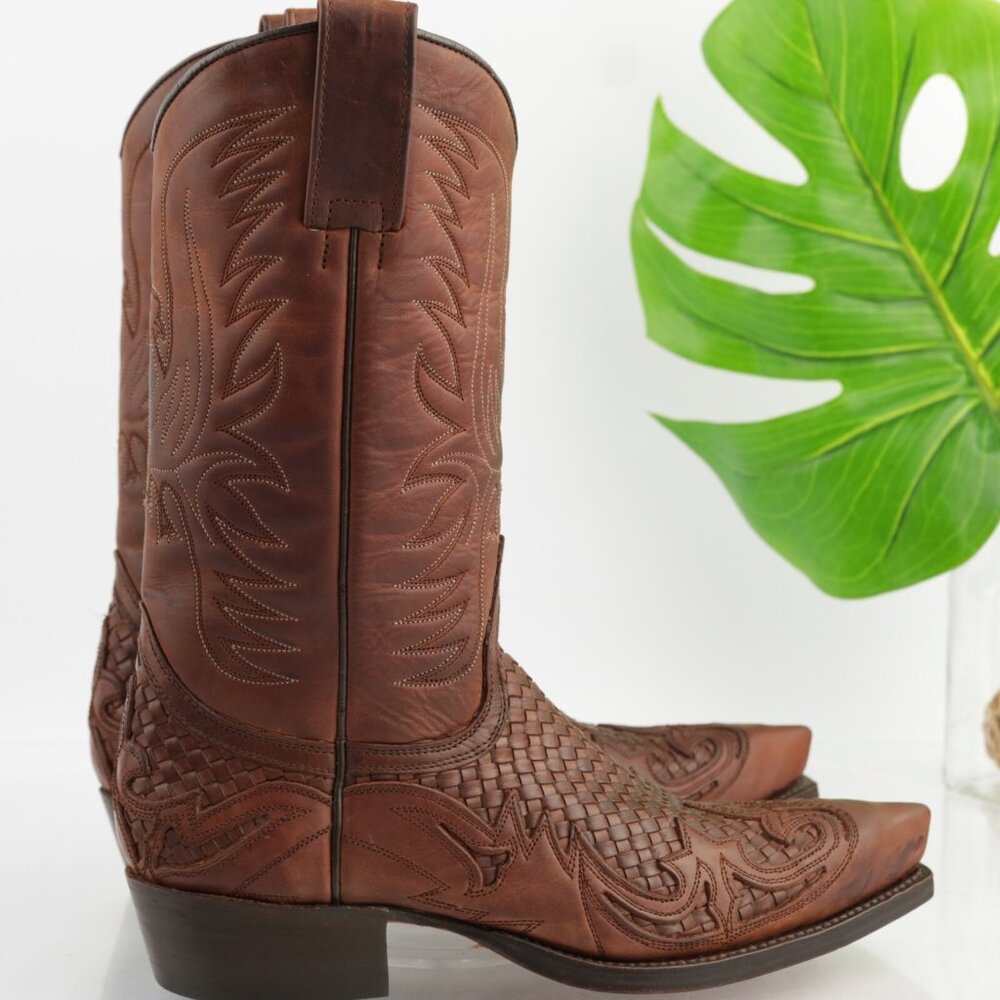 Sendra Mens Cowboy Boots Size 7 Brown Leather Embroidered Woven Snip Toe Western - Picture 5 of 16
